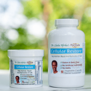 Two containers of cellular restore supplements from Dr. LLaila Afrika