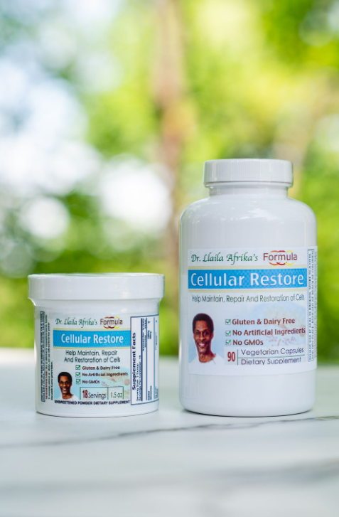 Two containers of cellular restore supplements from Dr. LLaila Afrika