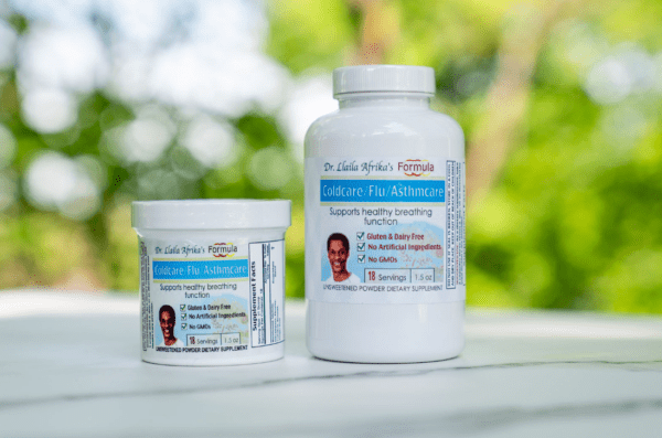 Two containers of Dr. LLaila Afrika cold care supplements