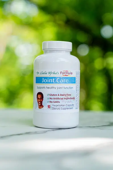 A bottle of joint care is sitting on the table.