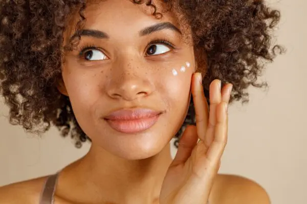 A woman with curly hair is putting cream on her face.