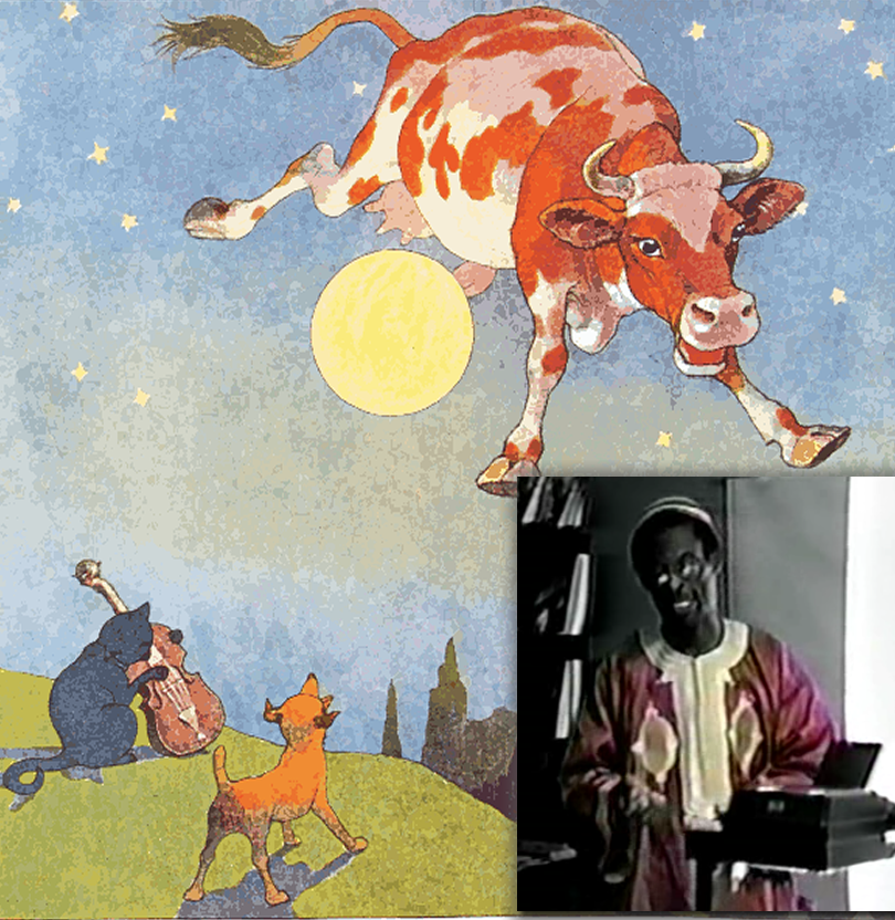 A painting of a cow and a cat in front of the moon.