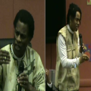 Two pictures of a man holding a microphone.