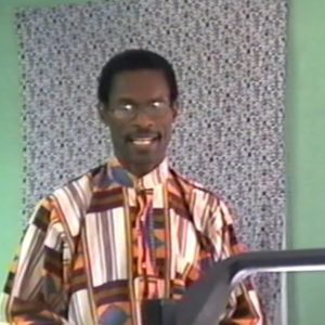 A man in a colorful shirt is standing up